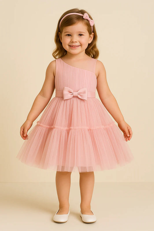 Bablyz Peach Color Net Striped Baby Frock