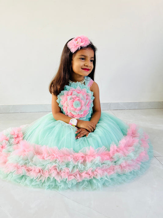 Bablyz Flower Diamond Net Striped Baby Frock - Flower pink