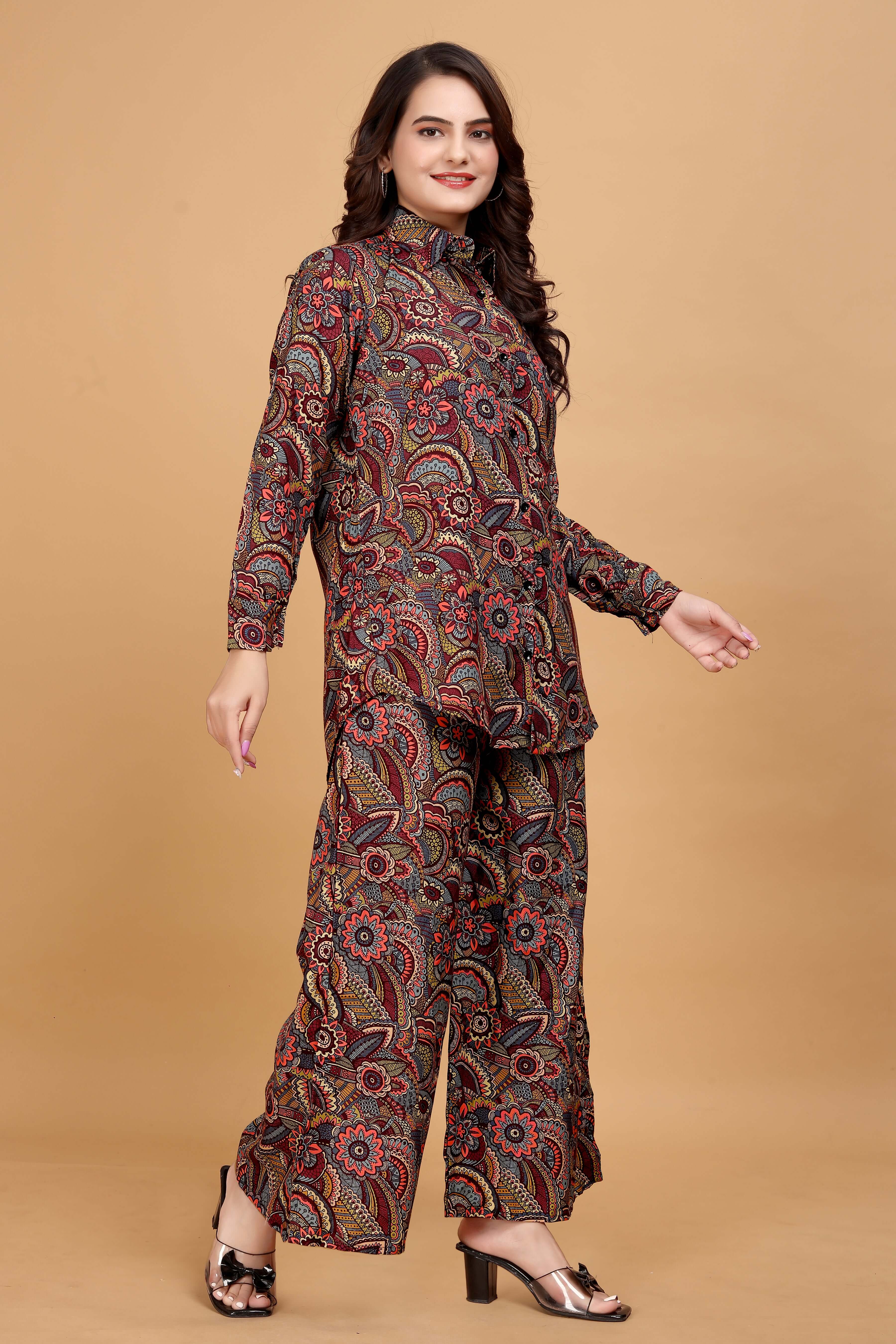 Digital Printed Rayon Co Ord Set in BROWN