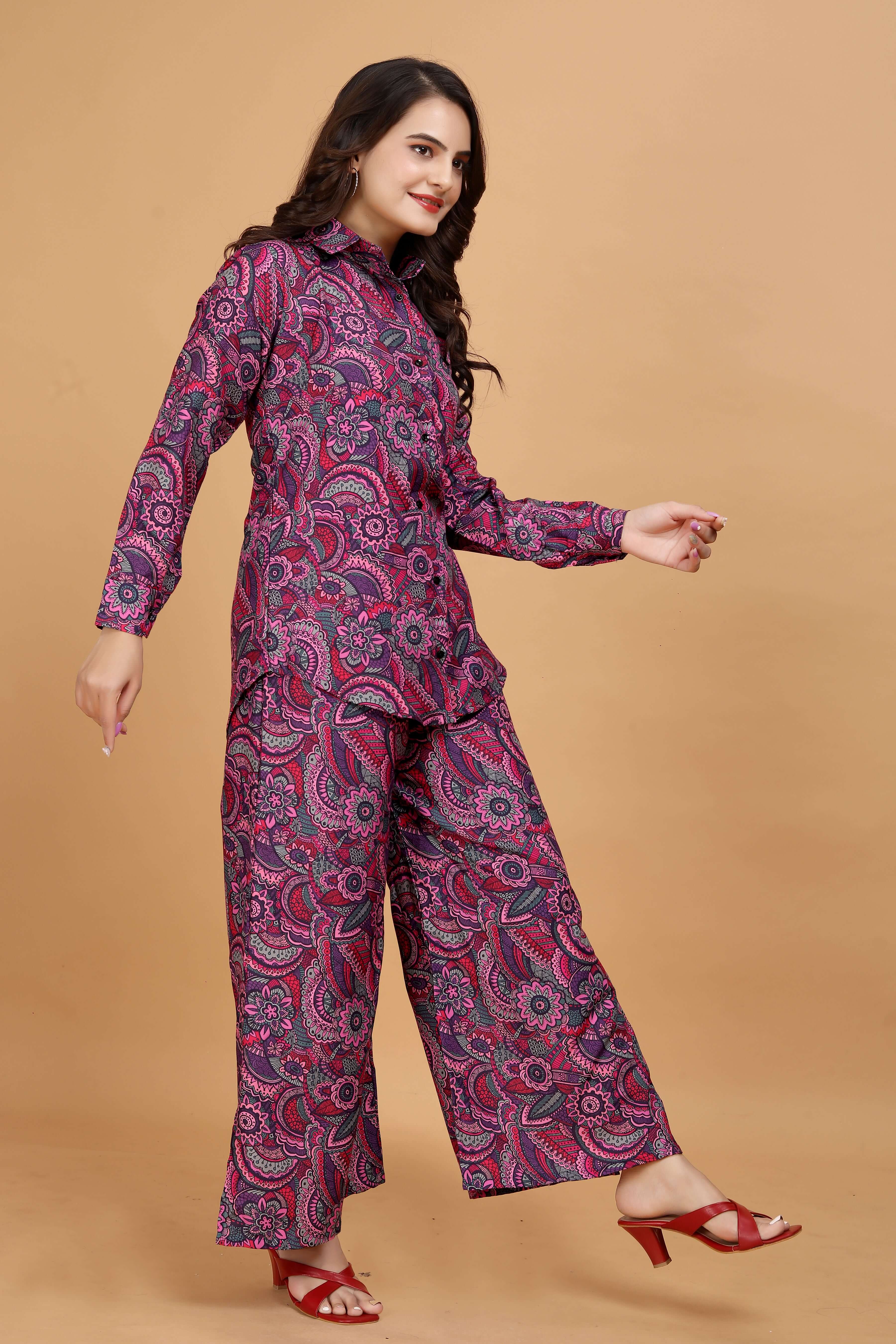 Purple Printed Shirt And Pants Co Ord Set