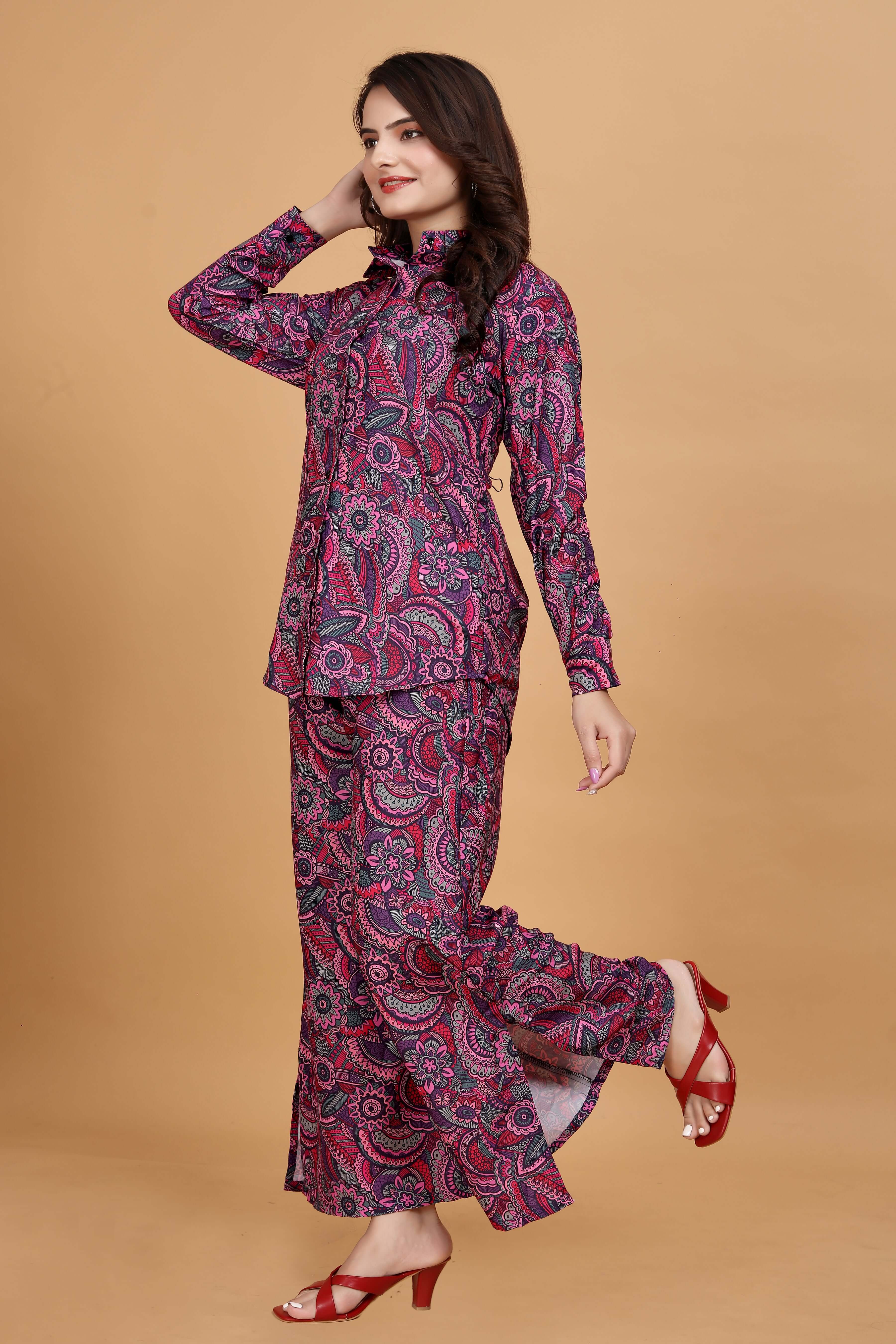 Purple Printed Shirt And Pants Co Ord Set