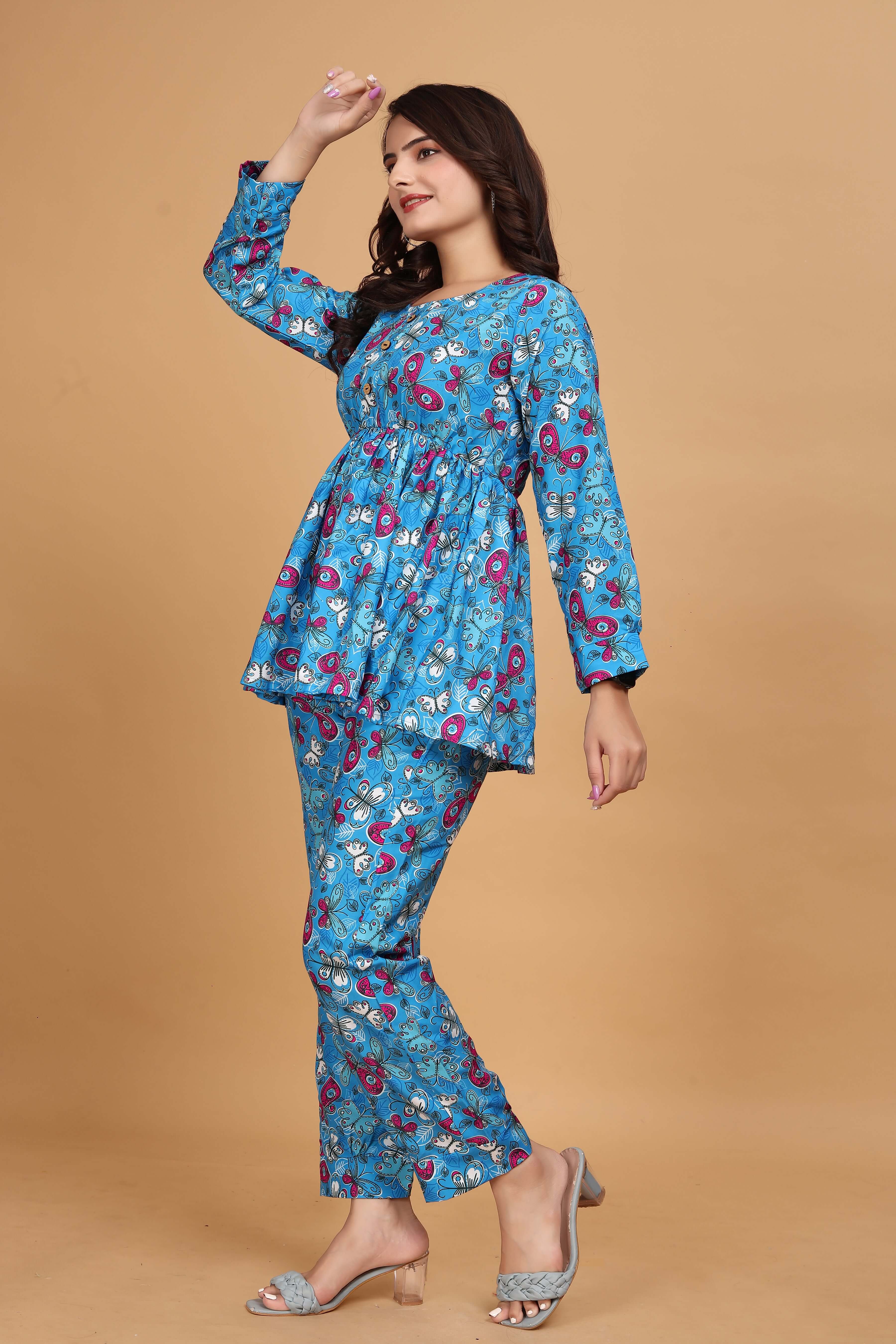 """"Women's Rayon Printed Comfortable Peplum Style""""Co-ord Set"""""Blue