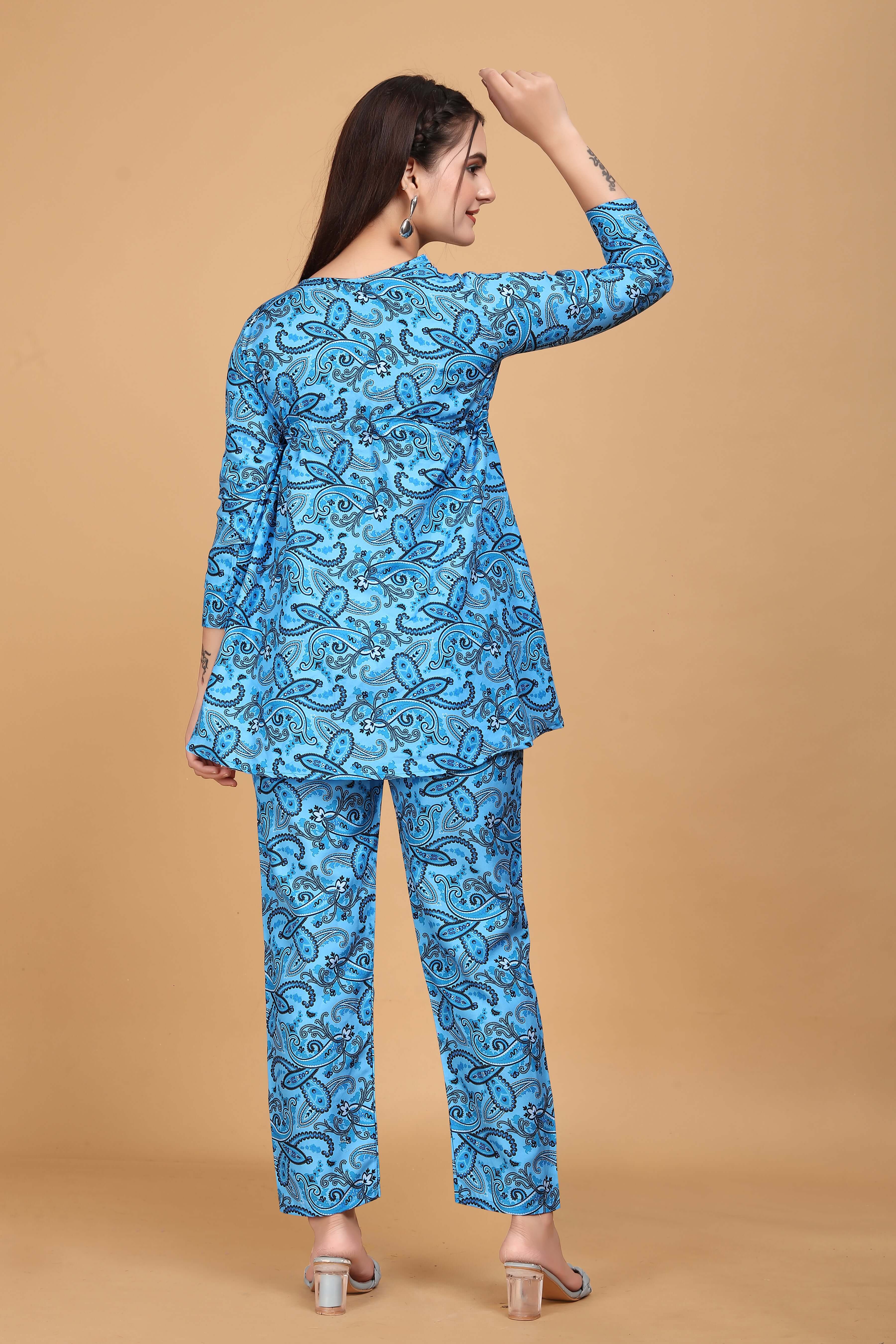 Blue Floral Printed Cotton Co-Ord set for Women