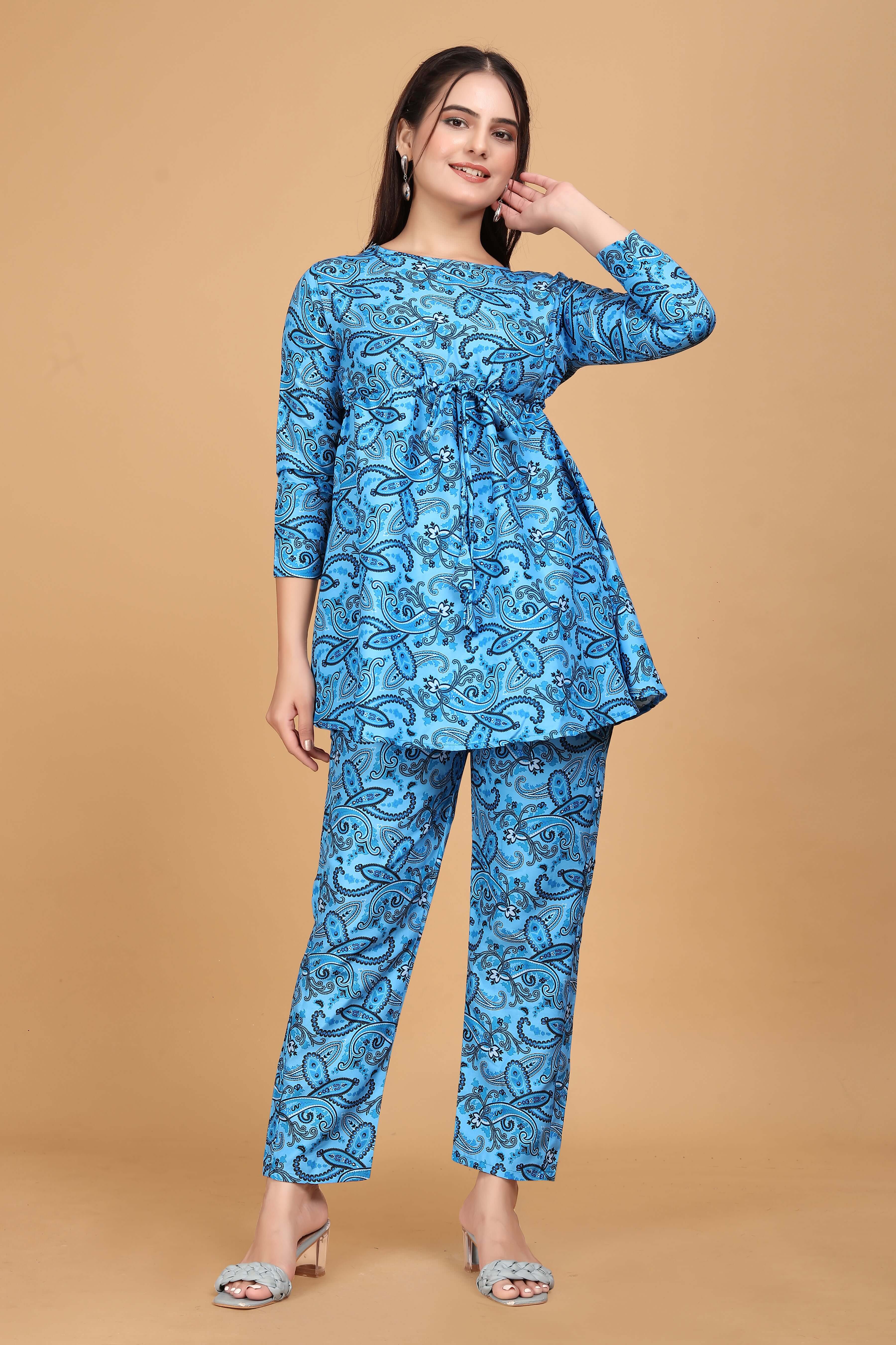 Blue Floral Printed Cotton Co-Ord set for Women