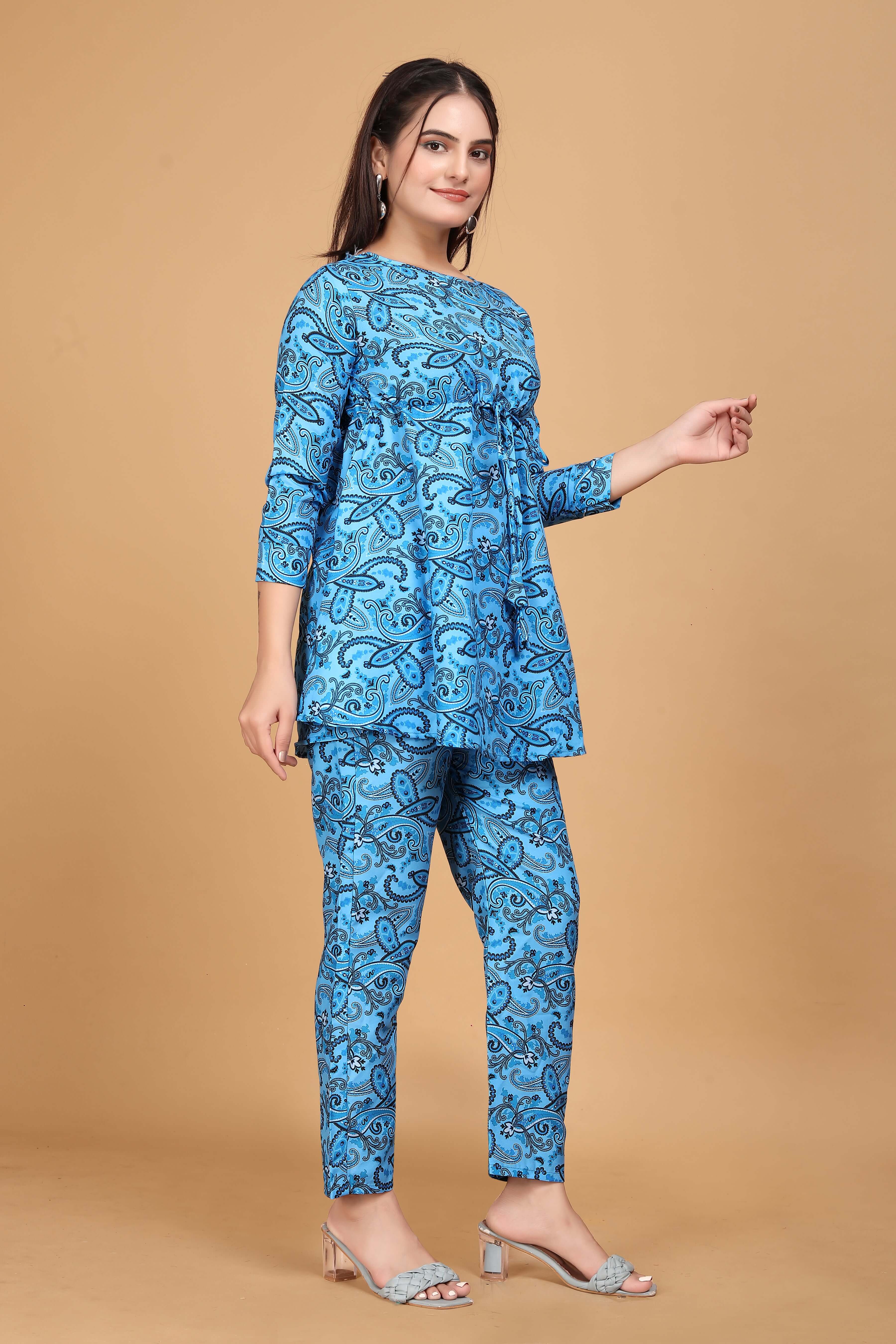 Blue Floral Printed Cotton Co-Ord set for Women