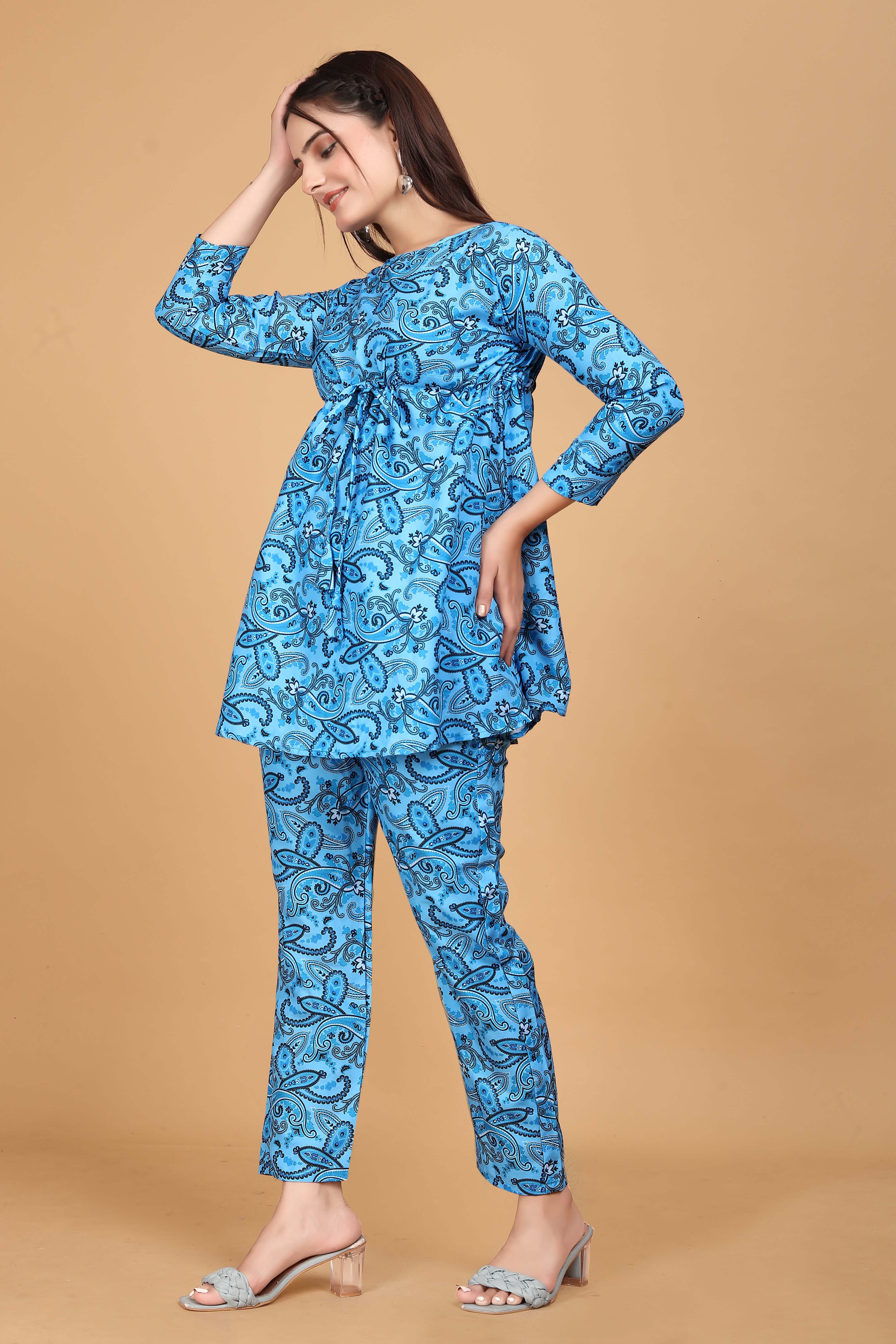 Blue Floral Printed Cotton Co-Ord set for Women