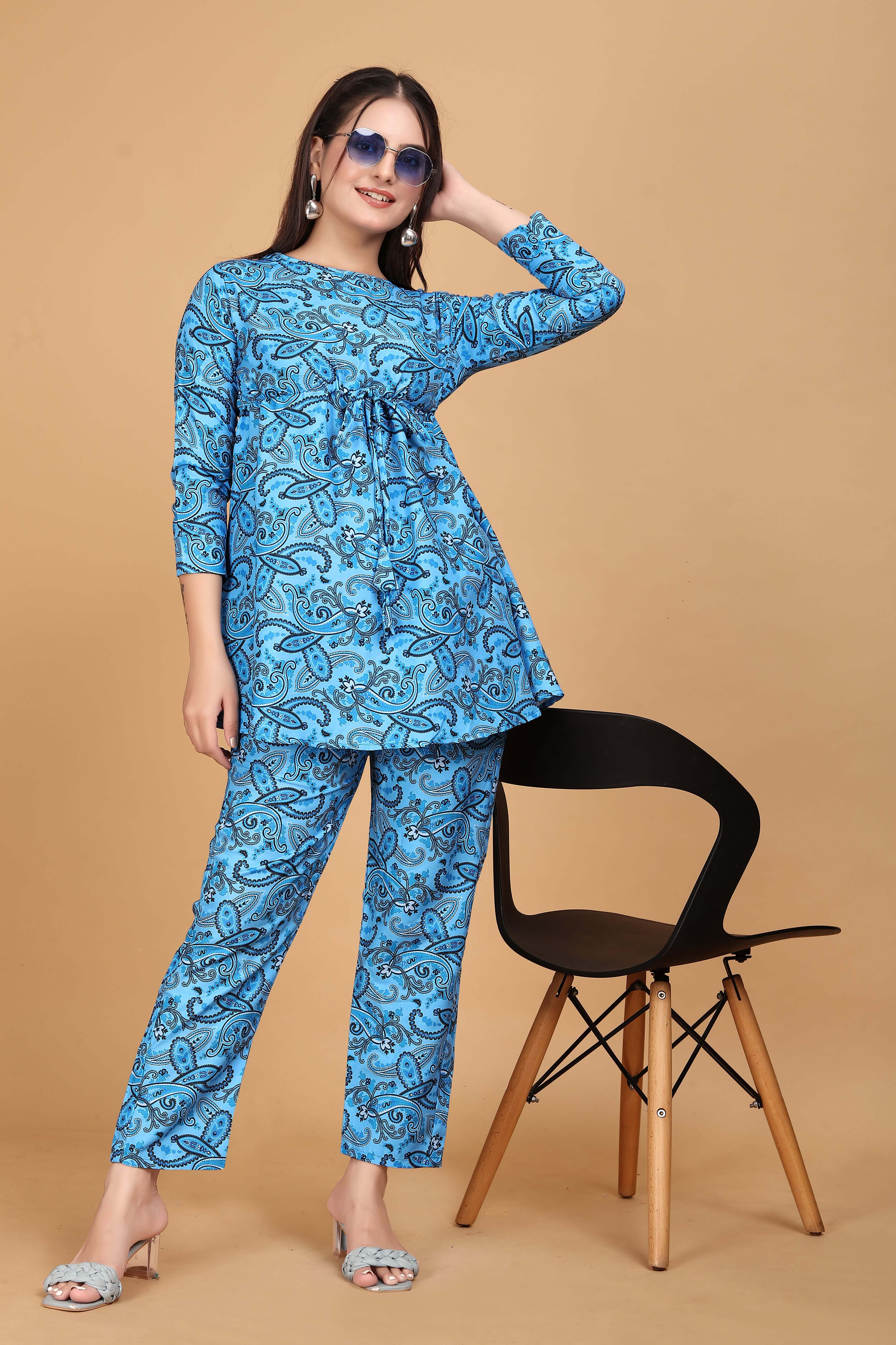 Blue Floral Printed Cotton Co-Ord set for Women