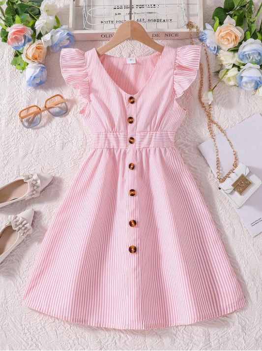 Chic Pink Striped Button-Down Summer Dress with Ruffle Sleeves