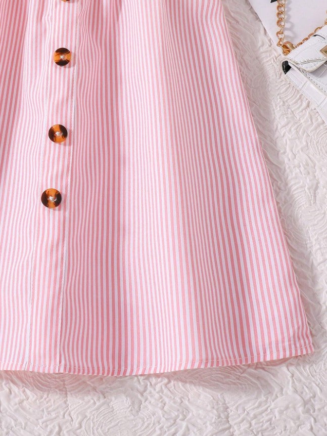 Chic Pink Striped Button-Down Summer Dress with Ruffle Sleeves