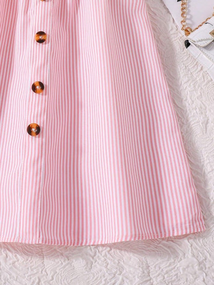 Chic Pink Striped Button-Down Summer Dress with Ruffle Sleeves