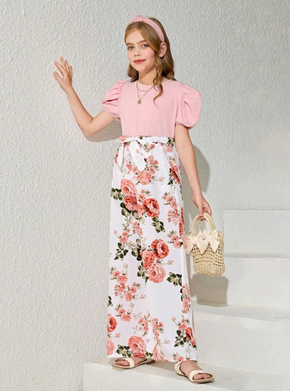 Blossom Charm Puff Sleeve Top & Floral Wide-Leg Pant Set – Sweet & Stylish for Little Fashionistas"