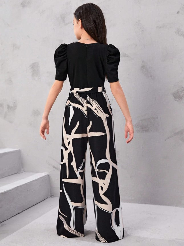 Monochrome Magic Puff Sleeve Top & Abstract Wide-Leg Pant Set – Bold, Modern & Effortlessly Cool"