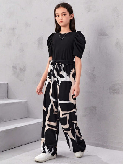 Monochrome Magic Puff Sleeve Top & Abstract Wide-Leg Pant Set – Bold, Modern & Effortlessly Cool"