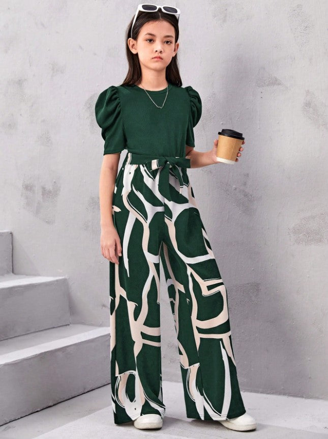Monochrome Magic Puff Sleeve Top & Abstract Wide-Leg Pant Set – Bold, Modern & Effortlessly Cool"