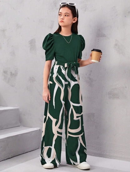 Monochrome Magic Puff Sleeve Top & Abstract Wide-Leg Pant Set – Bold, Modern & Effortlessly Cool"