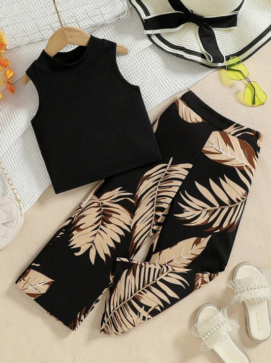 Island Vibes Sleeveless Crop Top & Tropical Leaf Print Pant Set – Bold, Breezy & Stylish"