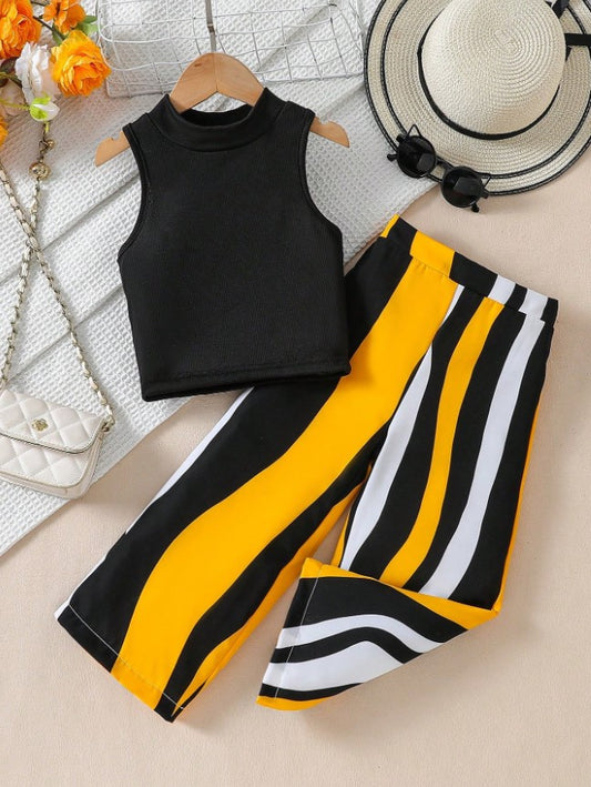Island Vibes Sleeveless Crop Top & Tropical Leaf Print Pant Set – Bold, Breezy & Stylish"