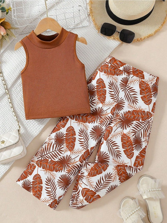 Island Vibes Sleeveless Crop Top & Tropical Leaf Print Pant Set – Bold, Breezy & Stylish"