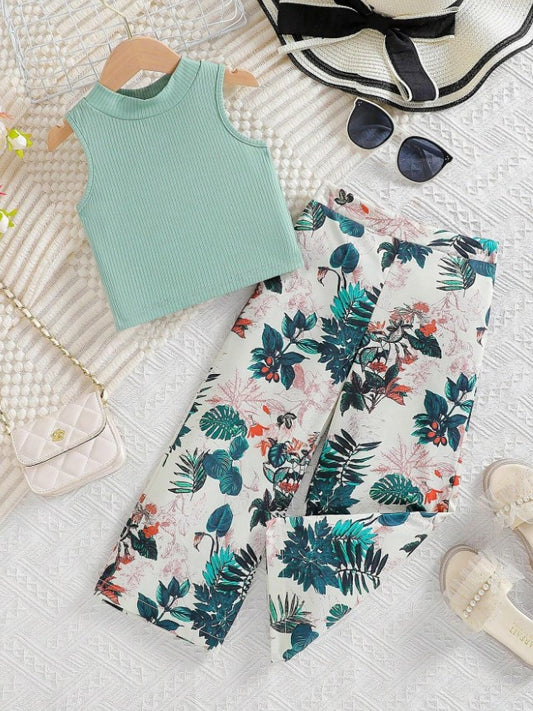 Island Vibes Sleeveless Crop Top & Tropical Leaf Print Pant Set – Bold, Breezy & Stylish"