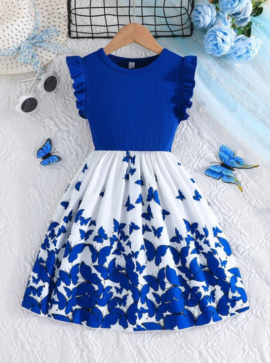 Navy Blue  Baby Girl Ruffled Sleeve Bow Tie Floral Print Casual Dress,