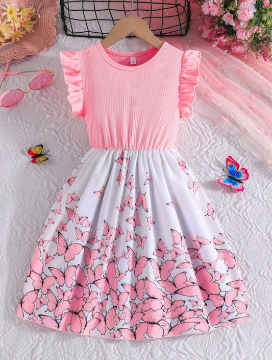 Pink Baby Girl Ruffled Sleeve  Floral Print Casual Dress,