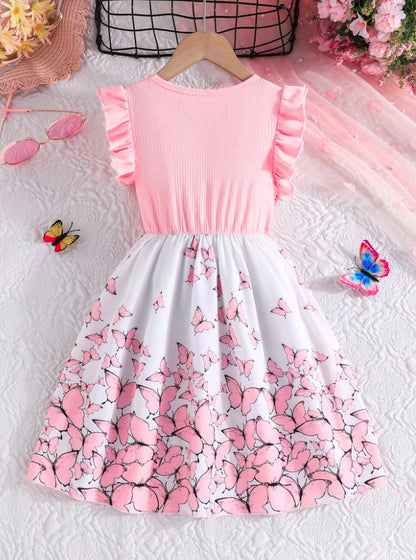 Pink Baby Girl Ruffled Sleeve  Floral Print Casual Dress,
