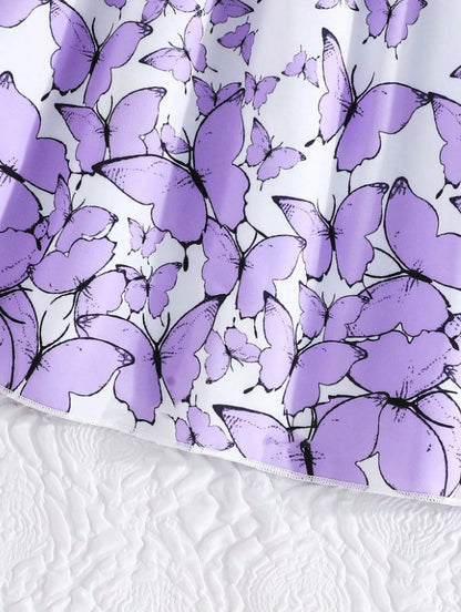 Lavender Baby Girl Ruffled Sleeve Bow Tie Floral Print Casual Dress,