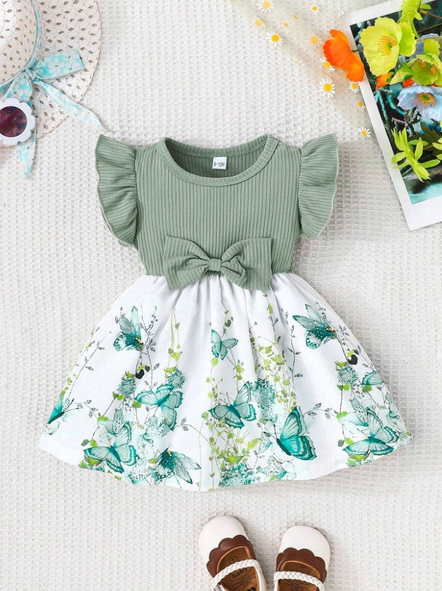 Infant Girls Summer Cap Sleeve Patchwork Printed Dress