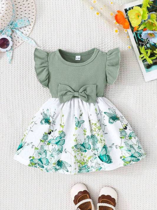 Infant Girls Summer Cap Sleeve Patchwork Printed Dress