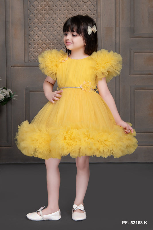 Bablyz Yellow Net Belt Kids Frock Dress