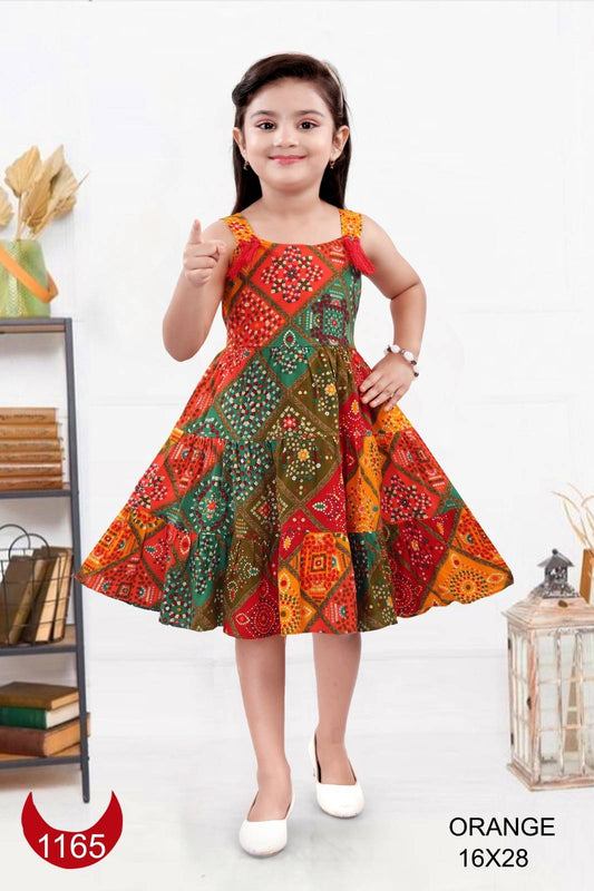 Bablyz Red Color Net Striped Baby Frock  Bandhni