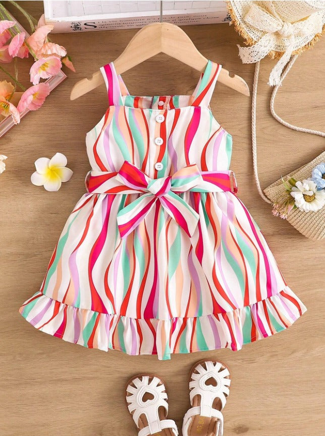 Red  White Baby Girl Strap Sleeve Bow Tie Strip Print Casual Dress