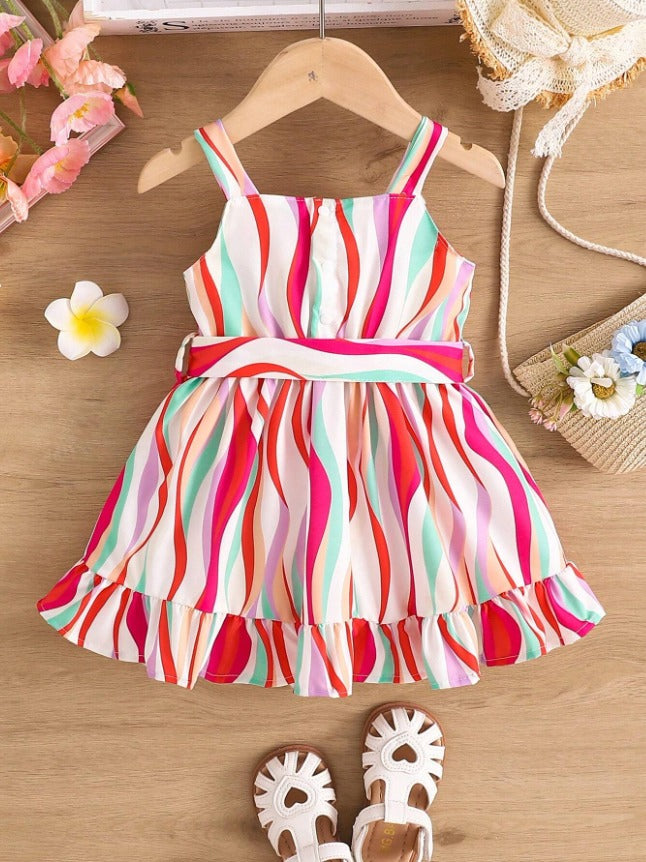 Red  White Baby Girl Strap Sleeve Bow Tie Strip Print Casual Dress