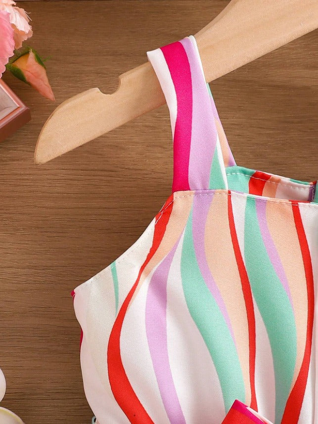 Red  White Baby Girl Strap Sleeve Bow Tie Strip Print Casual Dress