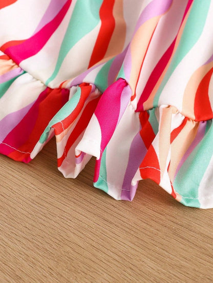 Red  White Baby Girl Strap Sleeve Bow Tie Strip Print Casual Dress