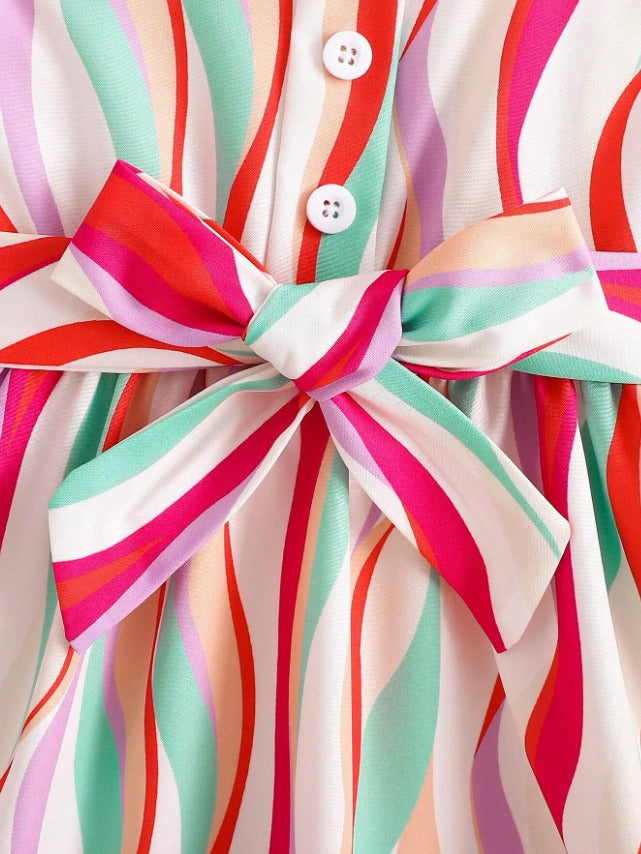 Red  White Baby Girl Strap Sleeve Bow Tie Strip Print Casual Dress