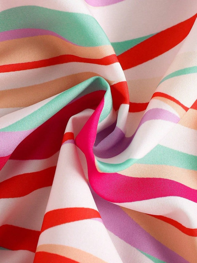 Red  White Baby Girl Strap Sleeve Bow Tie Strip Print Casual Dress
