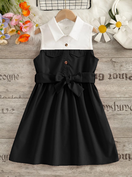 Black And White Sleeveless Shirt Dress With Bow Belt For Girls