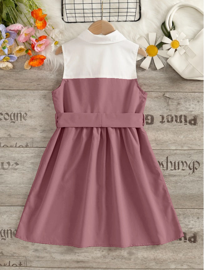 Dusty Pink' Sleeveless and White Shirt Dress with Bow Belt
