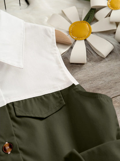 Green' Sleeveless ARMY and White Shirt Dress with Bow Belt For GIirls