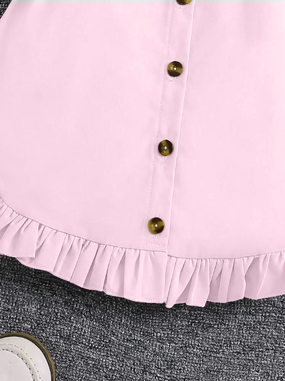 Pink Sleeveless Button-Front Dress With Brown Belt And Ruffle Hem For Girls
