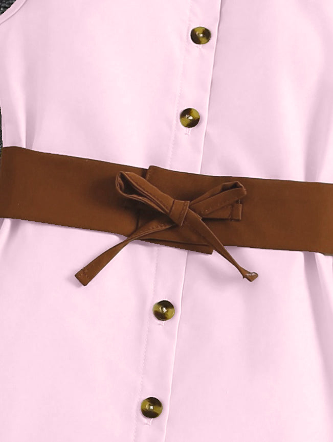 Pink Sleeveless Button-Front Dress With Brown Belt And Ruffle Hem For Girls