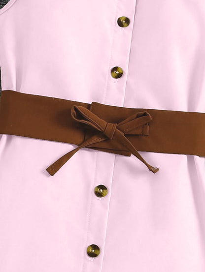Pink Sleeveless Button-Front Dress With Brown Belt And Ruffle Hem For Girls