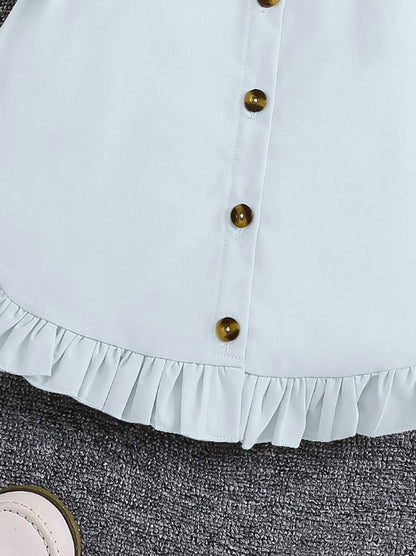 Light Blue  Sleeveless Button-Front Dress With Brown Belt And Ruffle Hem For Girls