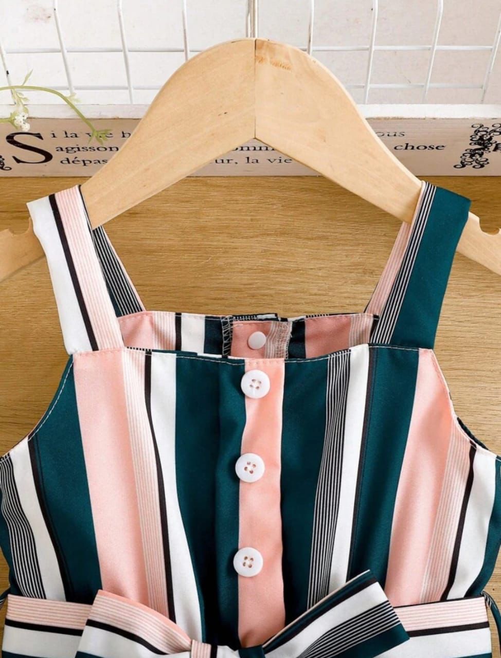 Pink and Black Baby Girl Strap Sleeve Bow Tie Strip Print Casual Dress