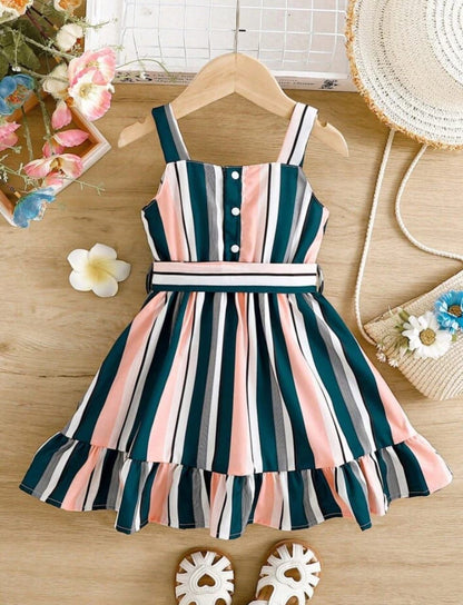 Pink and Black Baby Girl Strap Sleeve Bow Tie Strip Print Casual Dress
