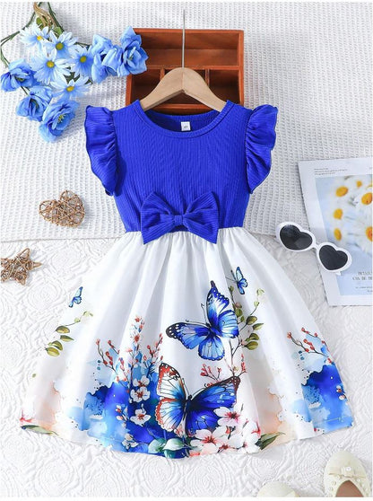 Navy Blue  Baby Girl Ruffled Sleeve Bow Tie Floral Print Casual Dress,