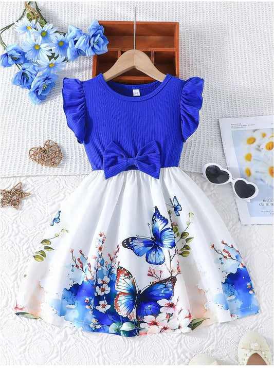 Navy Blue  Baby Girl Ruffled Sleeve Bow Tie Floral Print Casual Dress,