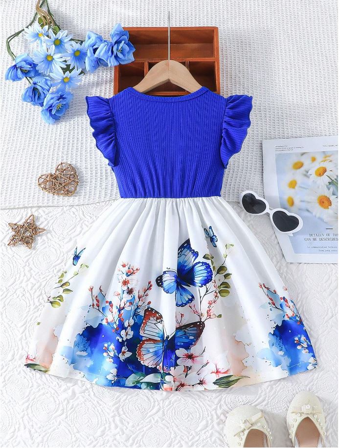 Navy Blue  Baby Girl Ruffled Sleeve Bow Tie Floral Print Casual Dress,