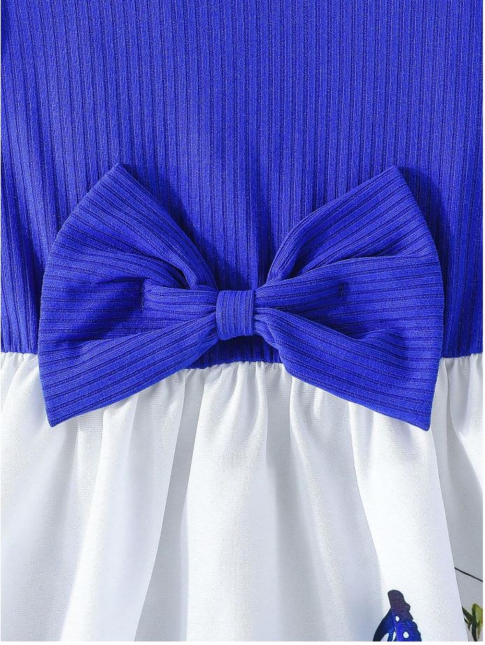 Navy Blue  Baby Girl Ruffled Sleeve Bow Tie Floral Print Casual Dress,